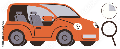 Compact orange car with visible seats, magnifying glass, and clock suggesting vehicle inspection, research, time planning. Ideal for transportation, rental, scheduling, analysis maintenance safety