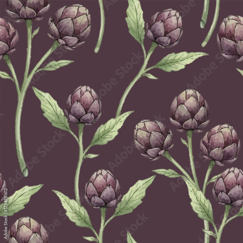 Purple globe artichokes with long green stems and leaves vector seamless pattern, dark aubergine background.