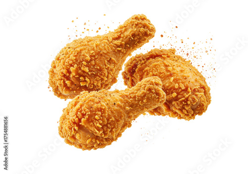 Golden-brown crispy bone-in fried chicken (2-3 pieces) with deeply textured breading and visible seasoning, suspended mid-air with scattering crumbs, against a transparent background, appetizing food