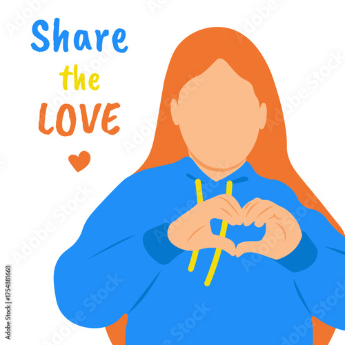 Heart hands gesture. ''Share the love'' slogan. Flat color vector illustration.