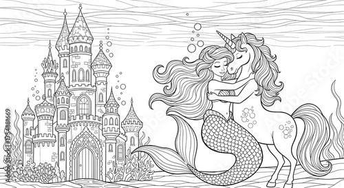 Mermaid hugs unicorn near underwater castle in a fantasy coloring book page