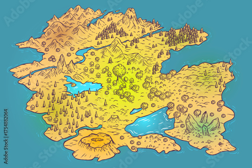 Hand draw treasure cartoon island map with landscape in doodle line style. Isometric color vector illustration for medieval fantasy adventure game.