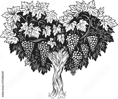 Hand draw old grape tree or bush with crown of leaves and grape vines in shape of heart. Monochrome vector illustration in vintage sketch style.