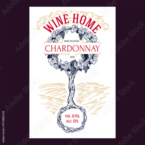 Hand drawn design template label, card, banner or poster for wine product in vintage engraving style. Vector illustration old grape vine tree or bush with text elements.