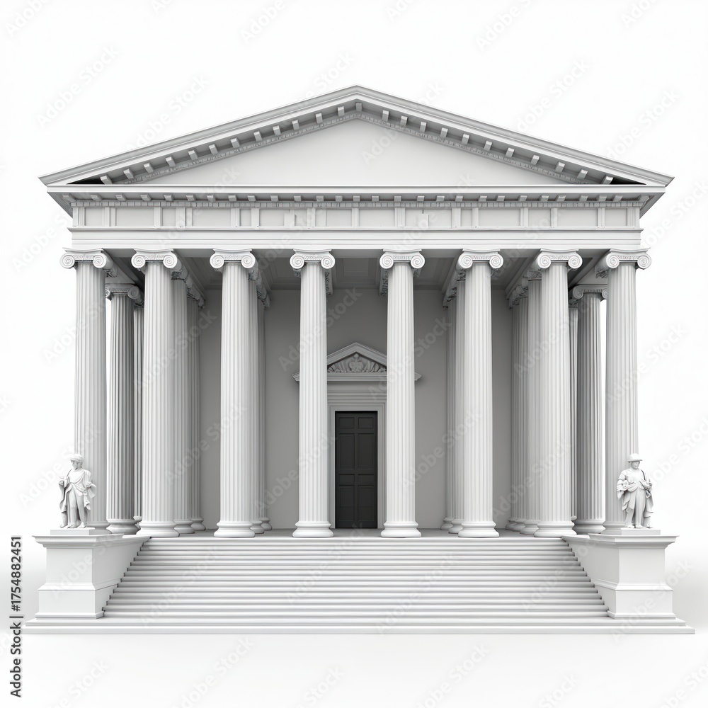 Obraz premium Classical temple facade rendered in white stone. Majestic columns support grand portico. Architectural detail evokes ancient Greece, Roman design. Ideal for historical, travel interior design