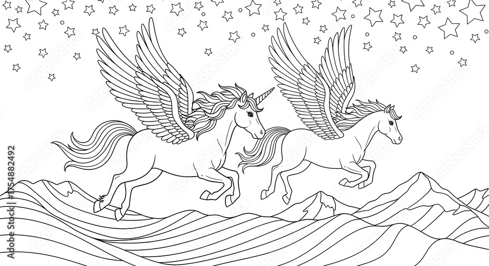 Fototapeta premium Two winged unicorns gallop across a mountainous landscape under a starry sky
