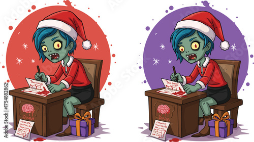 Zombie kid writing letter to Santa at DINBRA desk, cartoon Christmas horror scene, festive undead character, whimsical holiday illustration