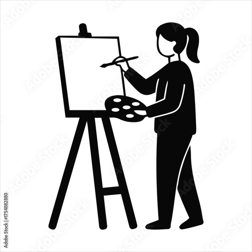 Artist painting on canvas easel with palette and brush creative studio activity and hobby