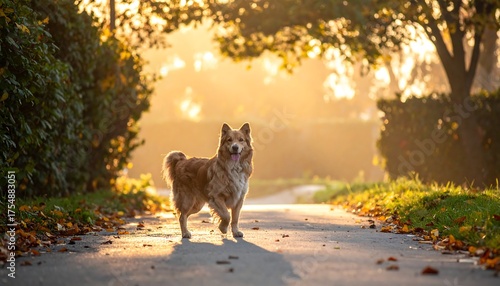 Fluffy dog walking on path, bathed in sunlight between trees