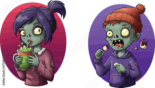 Zombie kids sipping green drinks and eating marshmallows, cartoon Christmas horror scene, festive undead characters, whimsical holiday illustration artwork
