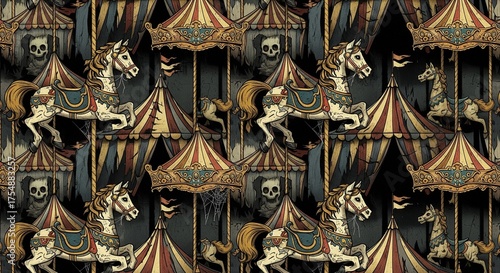 Vintage Carousel Horses and Tents with Skull Motifs.