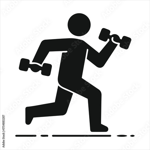 Dynamic silhouette of a person running with dumbbells for fitness and exercise