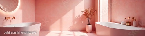 Serene Pink Bathroom Modern Fixtures, Elegant Decor, Soft Lighting, Perfect for Relaxation and Self-Care