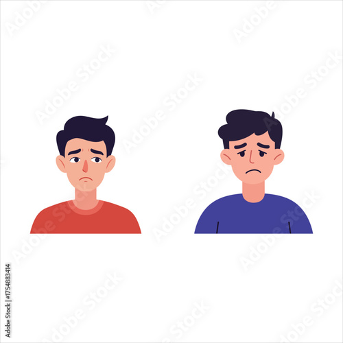 Two expressive cartoon men faces showing sadness and worry with subtle facial details and dark hair