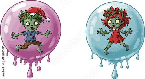 Zombie kids trapped in dripping holiday bubbles, cartoon Christmas horror scene, festive undead characters, whimsical illustration, creepy cute artwork