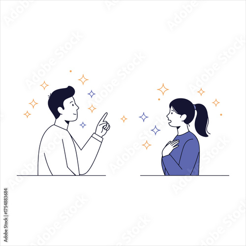 Young couple communicating joyfully through magical sparkles and shared connection visually represented in line art.
