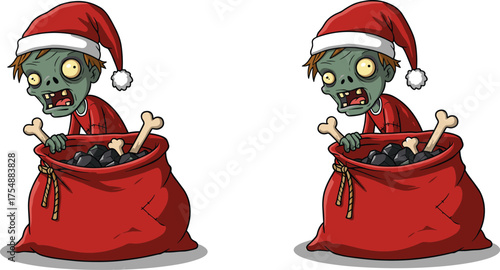 Zombie Santas emerging from coal-filled sacks, cartoon Christmas horror scene, festive undead characters, humorous holiday illustration, creepy cute artwork