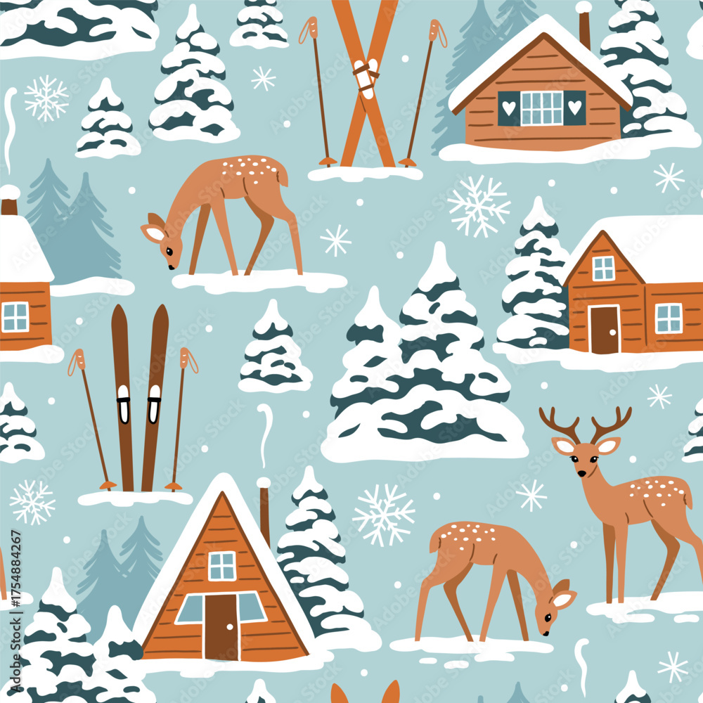 custom made wallpaper toronto digitalSeamless vector pattern with mountain chalet, deer and ski equipment. Hand drawn winter woodland landscape. EPS 10 vector file. Perfect for textile, wallpaper or print design.