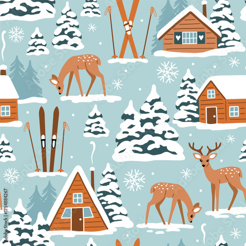 Wallpaper Mural Seamless vector pattern with mountain chalet, deer and ski equipment. Hand drawn winter woodland landscape. EPS 10 vector file. Perfect for textile, wallpaper or print design. Torontodigital.ca