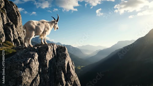 Majestic mountain goat surveys its alpine kingdom, a breathtaking vista of layered peaks and serene valleys stretches into the horizon, under an
