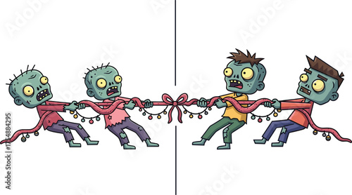 Zombie teams in Christmas tug-of-war with festive rope, cartoon holiday horror scene, undead characters, humorous winter illustration artwork