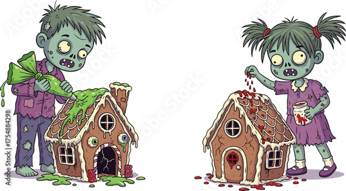 Zombie kids decorating creepy gingerbread houses with slime and candy, cartoon holiday horror scene, festive undead characters, whimsical Christmas artwork