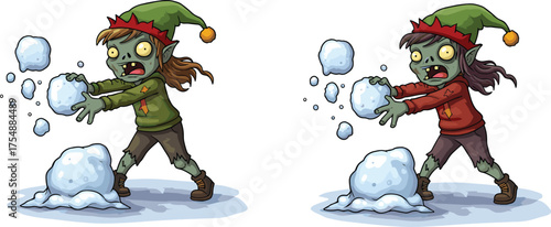 Zombie elves throwing snowballs in winter cartoon scene, festive horror illustration, Christmas undead characters, spot-the-difference puzzle artwork