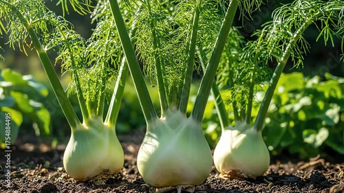Fennel Bulbs Growing in a Field on a Sunny Day: A Close-Up Look at Fresh Produce Cultivation, Fennel Farming and Harvesting for Culinary Uses