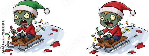 Zombie kids sledding with Christmas lights on snowy ground, cartoon holiday horror scene, festive undead characters, creepy winter illustration