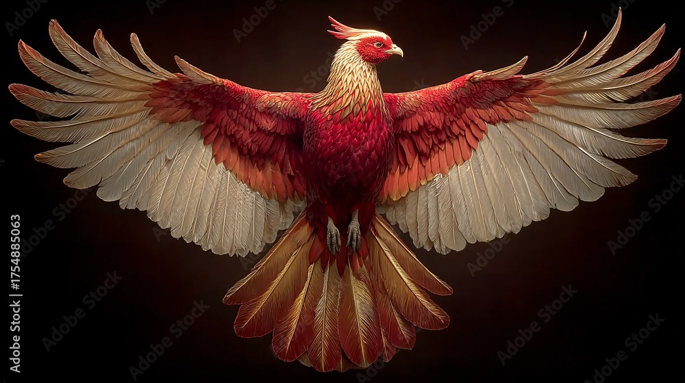 Obraz premium Majestic Phoenix Spreading Wings with Vibrant Red and Gold Feathers