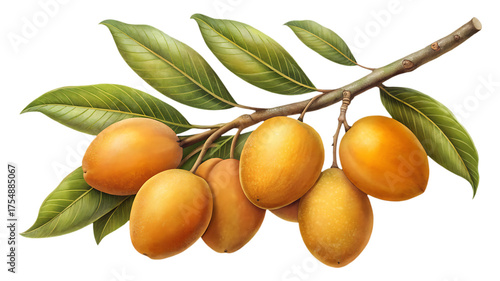Illustration of a loquat branch with ripe fruits and vibrant green leaves