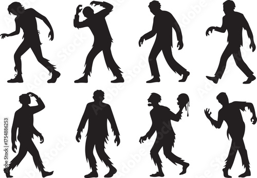 Collection of eight silhouette zombie figures in various walking poses on white background