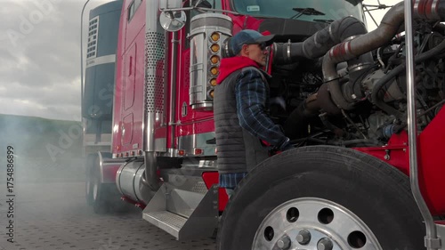 Truck Driver Performs Maintenance on a Big Rig at a Loading Dock