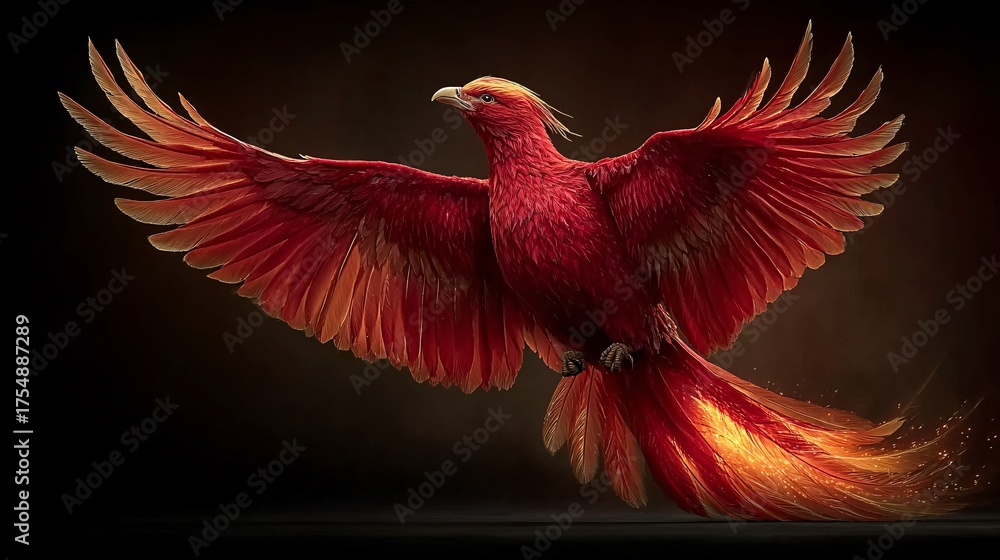 Fototapeta premium Majestic Red Bird with Fiery Wings in Dramatic Lighting Display
