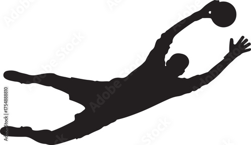 Black silhouette of a soccer goalkeeper diving to catch a ball goalie catching