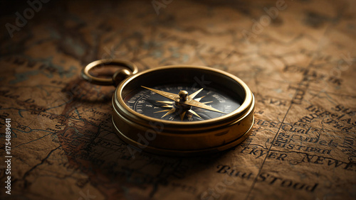 Vintage brass compass on an old world map symbolizing travel, adventure, navigation, and exploration with warm golden light and historical atmosphere