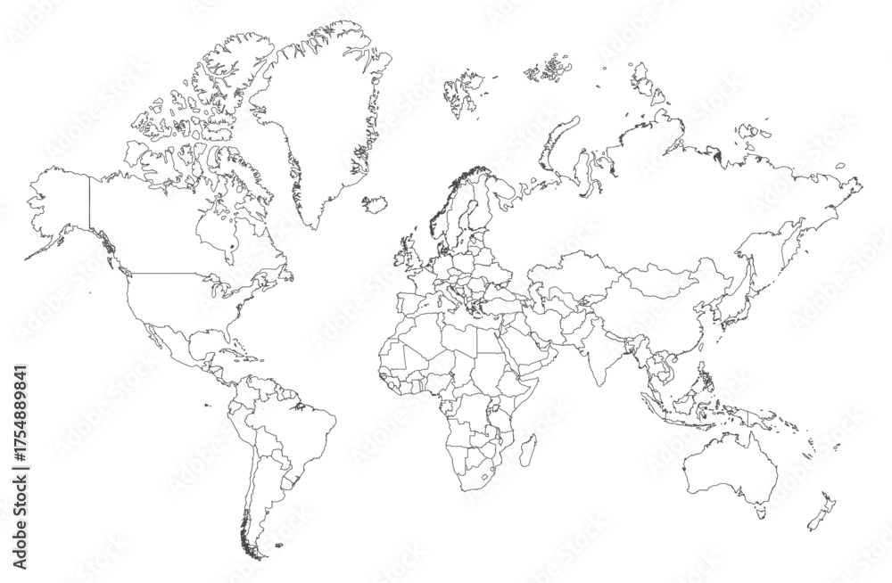Fototapeta premium World grey map vector outline with country borders. Vector illustration of the world map with political outlines of all countries