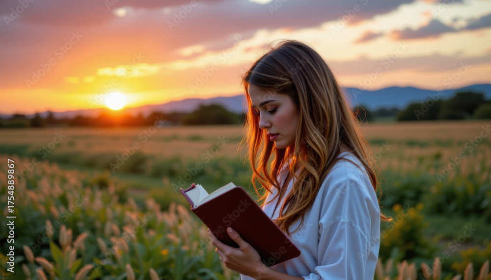Fototapeta premium Christian woman praying at sunset in nature reflective moment peaceful environment serene viewpoint