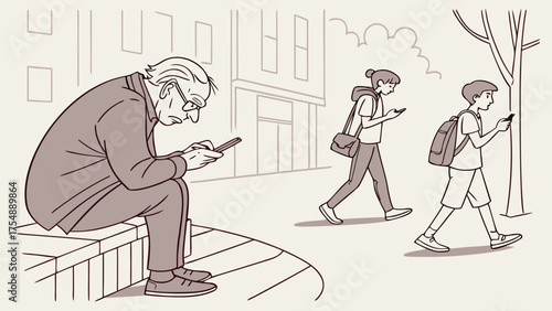 Elder Watching Youth on Phones – Emotional Scene Showing Changing Generation and Technology Vector Art
