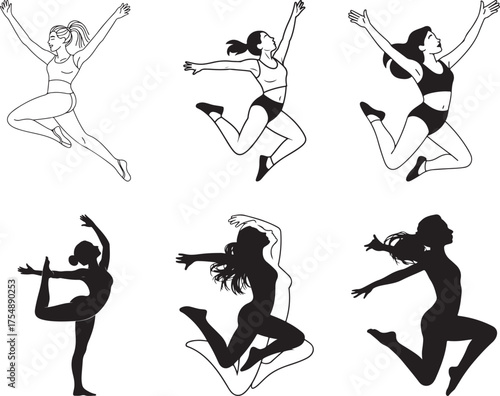 Dynamic collection of six diverse women in joyful jumping and dancing poses