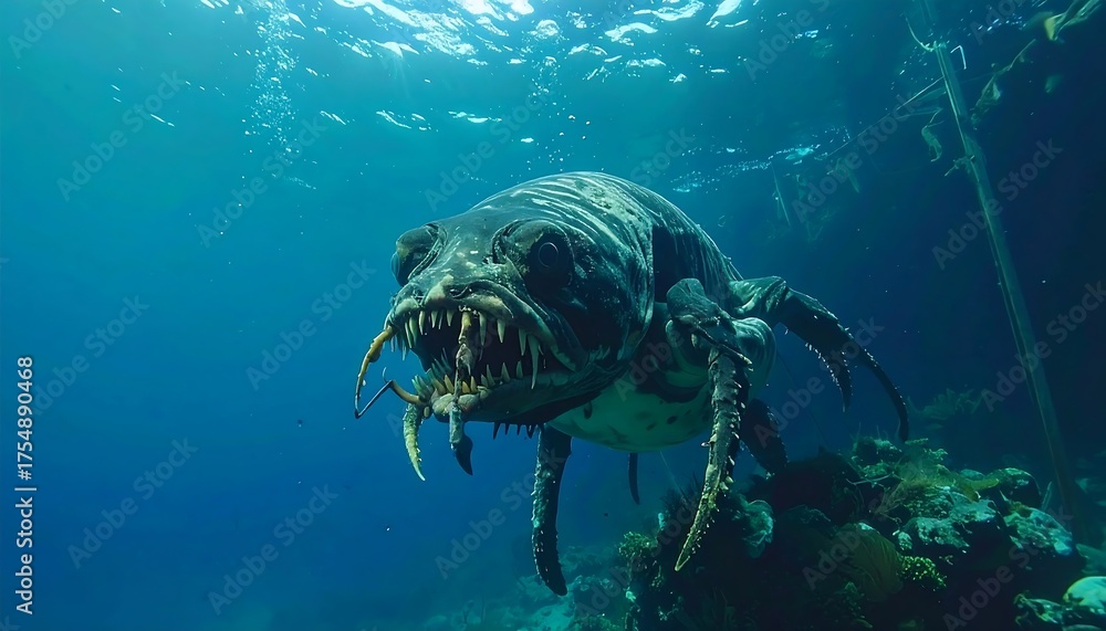 Fototapeta premium A creature with a monstrous face and multiple limbs swims in bright blue water. It appears to be a terrifying ocean predator