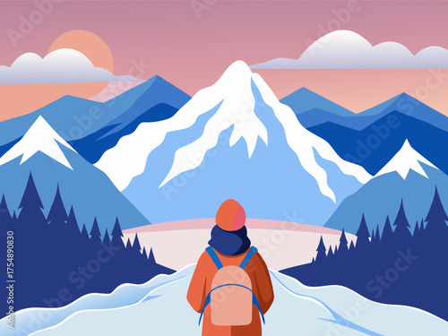 Solo Woman Hiker on Snowy Mountain Ascent with Backpack