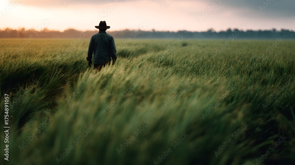Fototapeta premium A lone farmer walks through a lush field during a serene sunrise