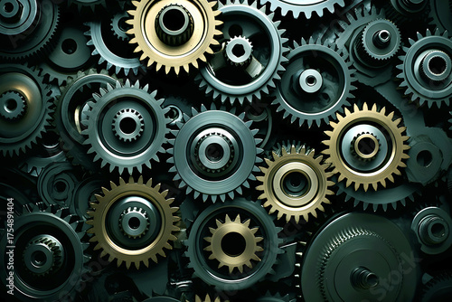 Wallpaper Mural Intricate arrangement of metal gears showcasing engineering design and mechanical precision in a workshop setting Torontodigital.ca