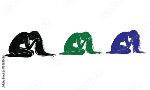 Sad woman sitting and crying in emotional silhouette illustration