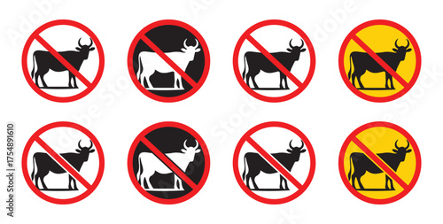 cow not allowed symbol. Prohibited pictogram of do not eat animal meat, vegan sign, vegetarian symbol, with silhouette of cow. cow not allowed vector sign.