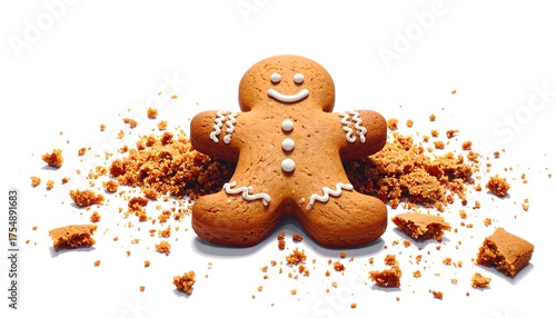 A gingerbread man cookie, smiling with icing detail, surrounded by crumbled cookie crumbs on a pure white background