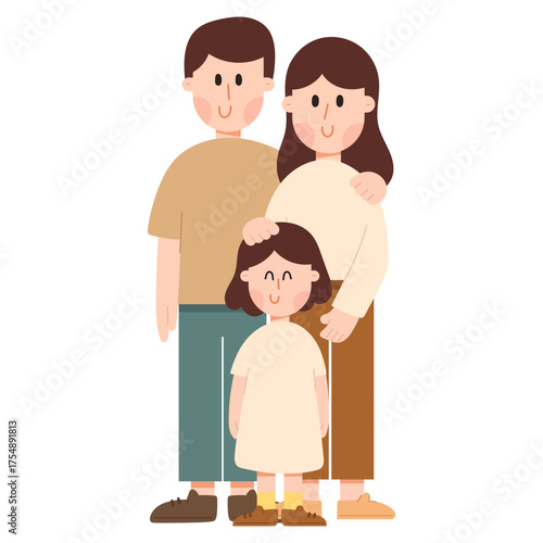 Flat cartoon vector illustration of a happy family with father, mother and daughter. Parenting and love concept in minimal flat design, perfect for lifestyle and relationship themes.