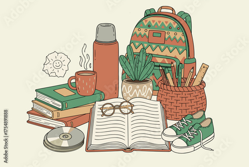 Study Desk with Books, Plants, and Backpack