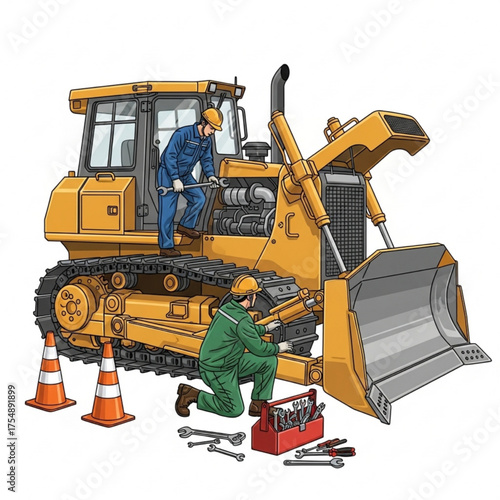 Detailed vector illustration of a heavy equipment maintenance crew